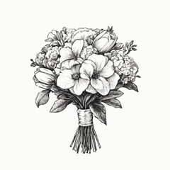 Isolated ink sketch of floral bouquet with ribbon. Vintage botanical vector clipart drawing.