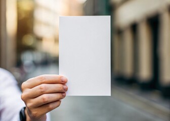 Photo of hand holding a blank white card in a sunlit city street, ready for a message