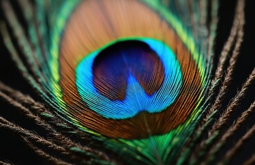 Obraz premium Macro photo of peacock feather with stunning details. Vibrant green, blue, brown colors. Artistic nature background. Exotic plume feather texture, eye-like pattern. Perfect for design, art, wildlife,
