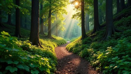 Obraz premium A winding mountain hiking trail disappears into a lush forest, sunlight dappling through the trees Perfect for adventure and nature themes , coniferous, trees