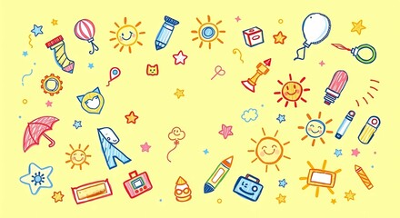 Cute hand drawn kids doodles background pattern with sun stars and objects vector