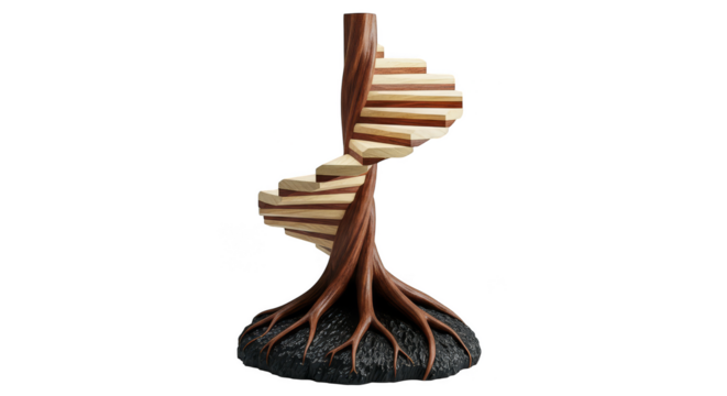 Mystical wooden staircase spirals from tree