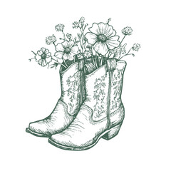 Cowgirl boots with wildflower bouquet. Vintage western footwear ink sketch vector clipart.