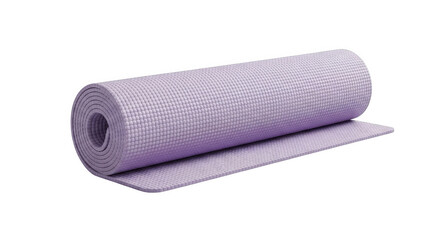Rolled up lavender exercise mat resting slightly unfurled evokes peace and well-being in studio shot