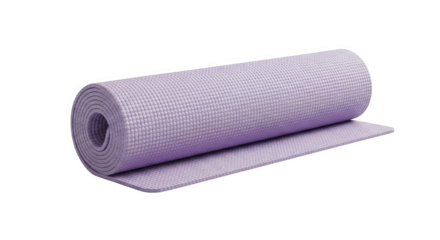 Rolled up lavender exercise mat resting slightly unfurled evokes peace and well-being in studio shot