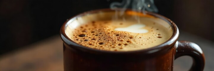 Close-up of a dark, frothy beverage in a rustic mug, steam rising; rich, bitter aroma implied The perfect image for coffee, stout, or dark tea promotions , cup, hops, black