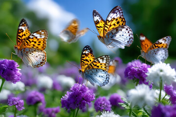 Obraz premium Colorful butterflies dancing over vibrant flowers in a sunny garden