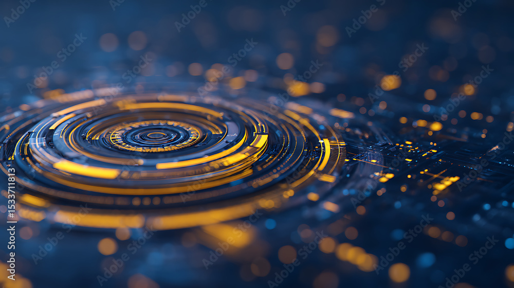 Poster 3d rendering of futuristic digital circle hud interface. glowing yellow and blue color. for technolo