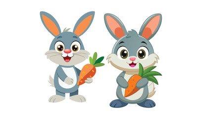 Two cute cartoon rabbits holding carrots