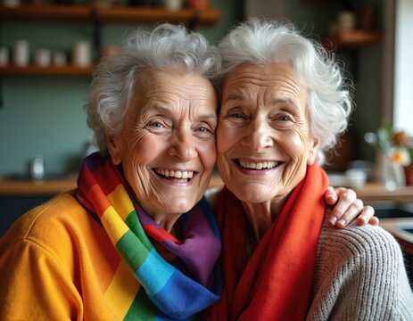 Two joyful elderly women embrace in a kitchen celebrate pride. They wear rainbow scarfs, radiating happiness. Embracing in love, warmth, support. Senior LGBT community. Celebrating togetherness.