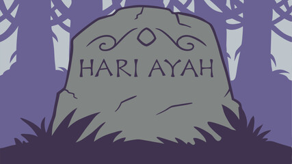 Illustration of a stylized tombstone commemorating hari ayah, the indonesian father's day, set against a forest backdrop with elegant script.