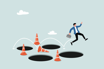 Avoid pitfalls, difficulties and dare to jump over business mistakes or failures, skills and creativity to solve problem concepts, entrepreneurs jump over many pitfalls to achieve business success.