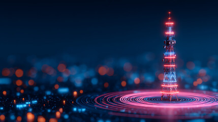 3D Rendering of mobile phone signal repeater station tower with abstract data transmission circular waves on dark background. For telecommunication industry 4g 5g mobile data. 11573311 1