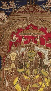 Ramapattabhisheka Tableau. Scene Has Rama And Sita On Throne, As Hanuman Kneels And Supports Lord Ramas Right Foot. Couple Is Flanked By Ramas Brothers, Vibhishana, Allies, Rishis, Kings, And Noblemen