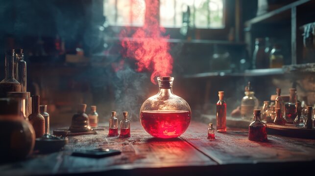 Mystical alchemy lab with smoky potion bottle on wooden table in sunlit room