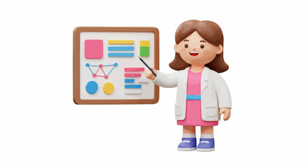 A friendly professional woman wearing a lab coat, presenting information on a whiteboard.