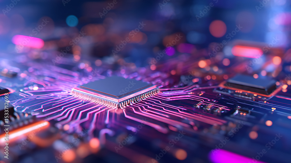 Poster seamless loop. glowing futuristic circuit board with neon purple and blue lines radiating from a cen