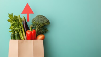 Paper bag with fresh vegetables and red arrow on turquoise background