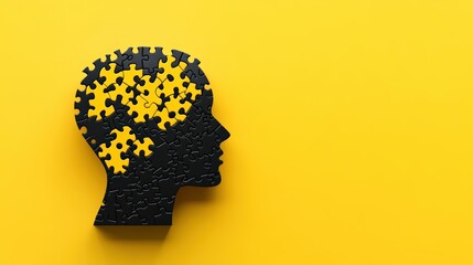 Silhouette of human head made from puzzle pieces on yellow background