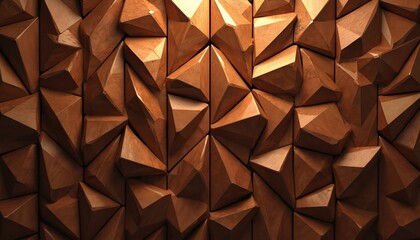 Fototapeta premium Abstract brown wooden glazed mosaic tile wall texture. Geometric shapes and patterns in wood background design. Modern art deco luxury decor element. Home interior design inspiration, creative.