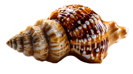Glossy conch seashell in side view, natural color tones and spiral texture, isolated on transparent background