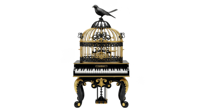 Piano with birdcage and avian statue
