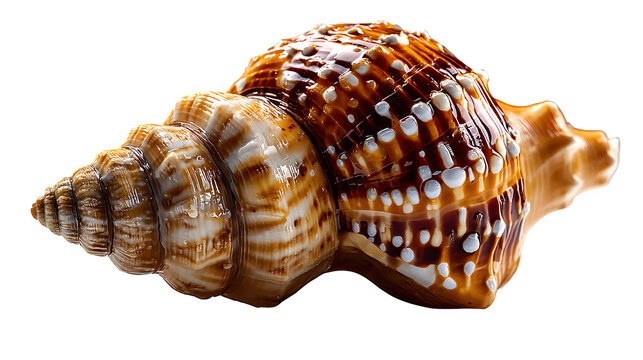 Glossy conch seashell in side view, natural color tones and spiral texture, isolated on transparent background
