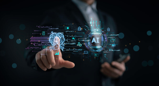 Businessman interacting with AI interface innovation intelligence automation data analysis digital circuit futuristic system technology network communication computing software information flow - Powered by Adobe