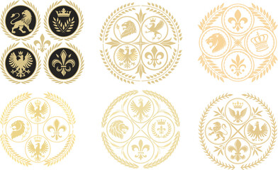 Elegant Heraldic Golden Emblems Pattern on Black Background  Lion Eagle Crown Fleur de lis in Circular Wreaths Regal and Symmetrical Decorative Design © rafia