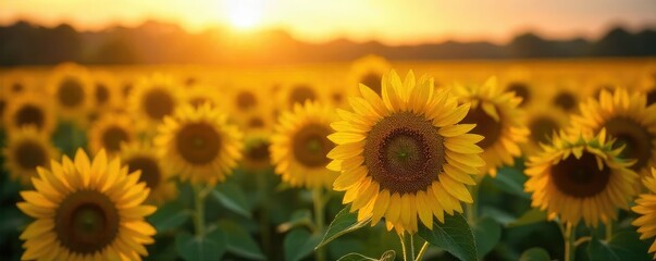 Obraz premium Golden hour sunlight bathes a field of ripe sunflowers, their heavy heads bowing under the summer weight A quintessential image of summer abundance and warmth , meadow, sunflowers, natural beauty