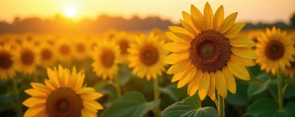 Obraz premium Golden hour sunlight bathes a field of ripe sunflowers, their heavy heads bowing under the summer weight A quintessential image of summer abundance and warmth , summer, countryside