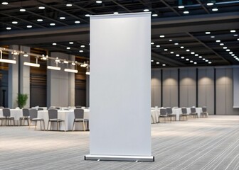 Photo of blank white roller banner stands tall in a spacious hall, surrounded by tables set for an event
