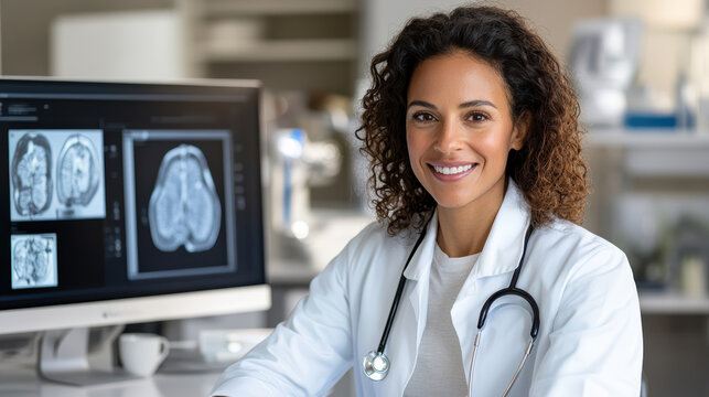 Confident woman in lab coat smiles while reviewing brain scans on computer screen