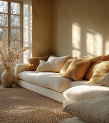 Fototapeta premium Cozy Living Room with Soft Light and Beige Tones for Healing Atmosphere
