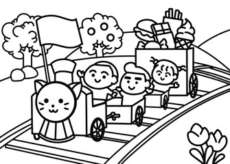 Fototapeta premium Children ride a train coloring pages style.
