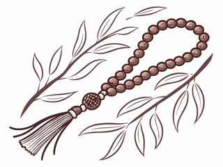 Hand-drawn rudraksha mala necklace with leaves on a white background