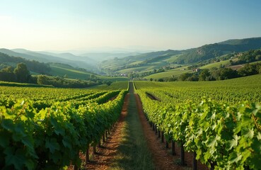 Naklejka premium Green vineyard with rows of vines. Vineyard for wine production. Ripe grapes. Wine tourism in beautiful valley countryside. Scenic view, cultivation for wine. Italian or european vacation.