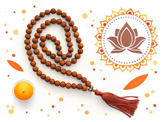 Rudraksha mala necklace with candle and lotus symbol on a white background