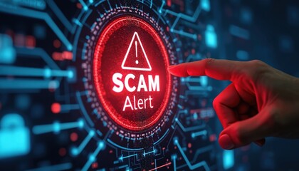 Image features scam alert notification with finger touching screen. Illustrates urgent warning about potential online fraud, AI-generated threats, cyber security risks, protecting users, data,