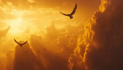 Obraz premium Birds soar through a golden sunset sky filled with dramatic clouds.
