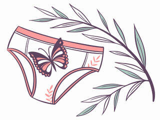 Illustrated hip briefs with butterfly and floral design on a white background