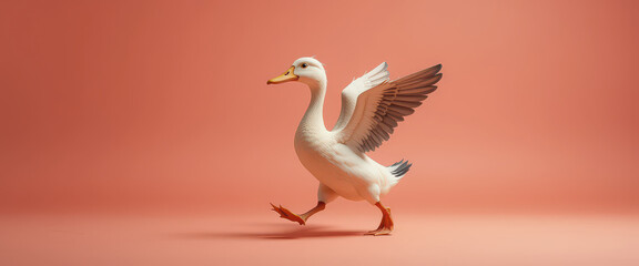 Obraz premium Charming white duck walking playfully with raised wings on pink pastel background, stylized animal character in whimsical studio setting