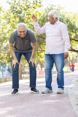 Obraz premium Laughing old male friends spending leisure time at park
