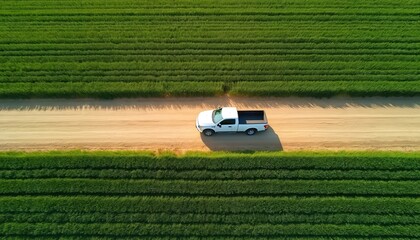Aerial view of white pickup truck on a dirt road. The truck drives through lush green fields under sunny day. Nature, travel, countryside, agriculture concept. Transportation, adventure.