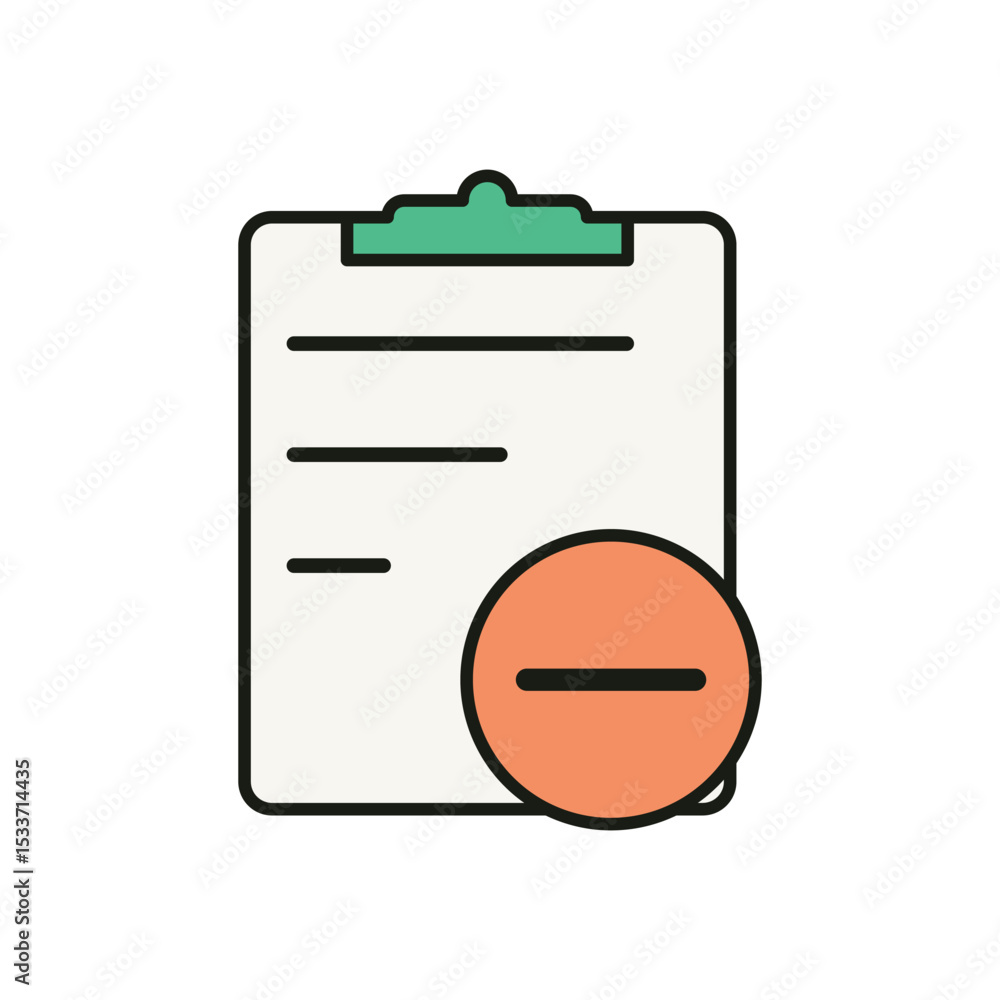 Poster minimalist icon of a checklist board accompanied by a red-orange subtract sign, representing data ex