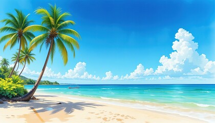 Naklejka premium Serene Tropical Beach Watercolor Painting