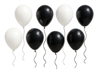 Black and white balloons with strings isolated on transparent background.