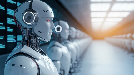 Fototapeta premium robotic workers in automated future factory, mechanical limbs, streamlined design