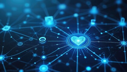 Illustration intricate healthcare network design. Digital connections with heart symbol. Innovation in medical technology, representing cardiology, patient care, cyber security. Futuristic concept
