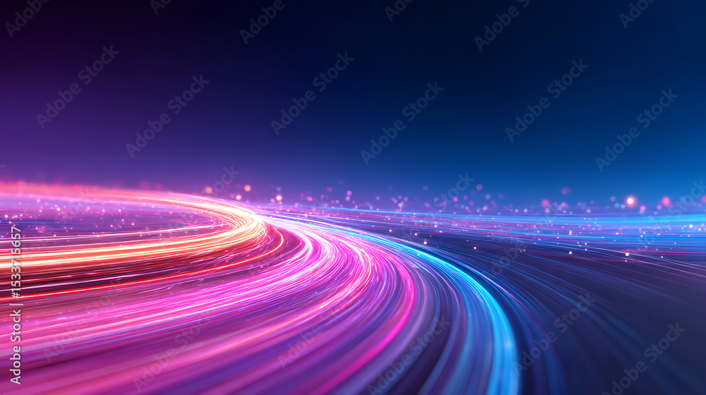 Poster seamless loop. glowing streams of high-speed data lines in blue and pink curving through a dark digi